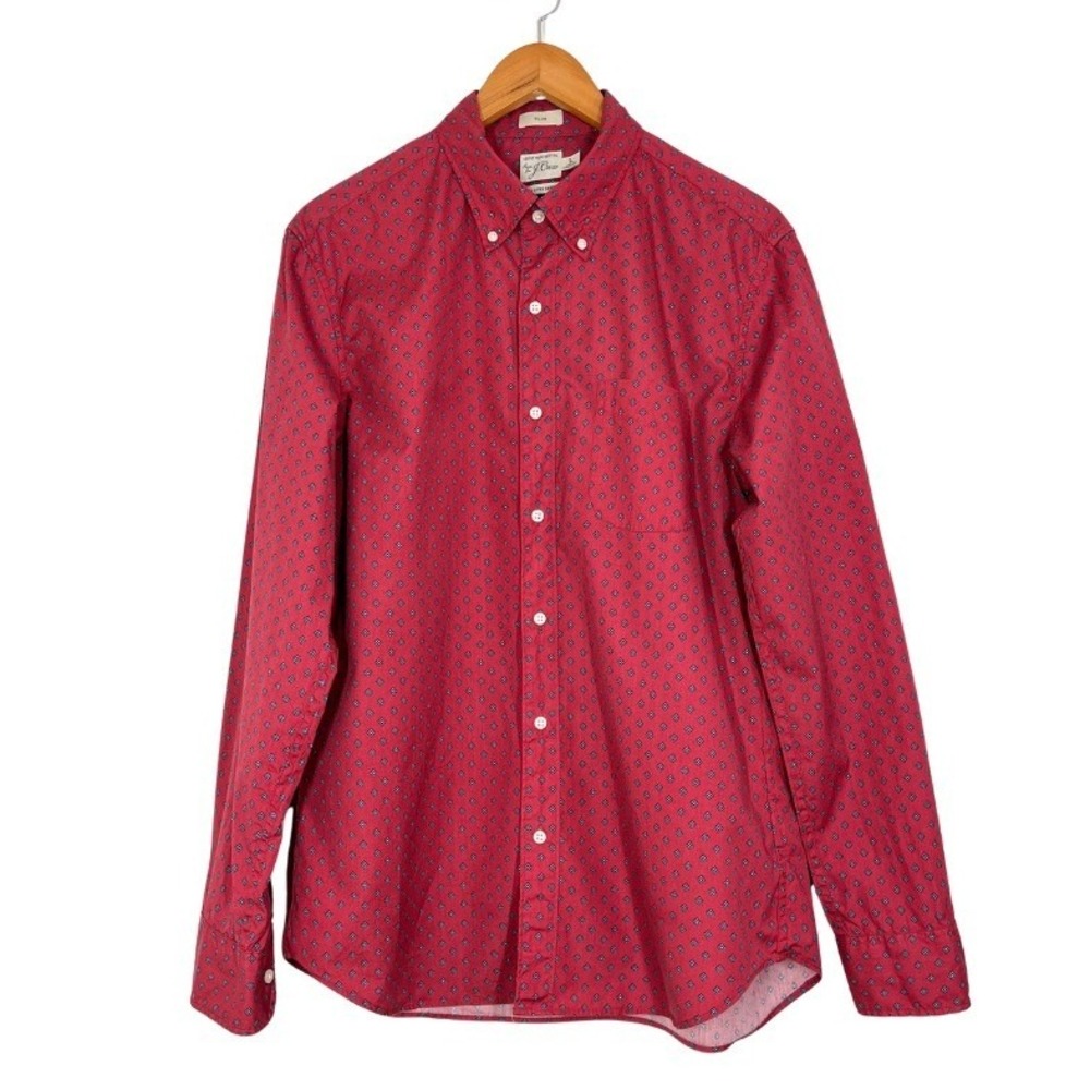 J.Crew Slim Fit Red Geometric‎ Print Button Down Shirt 100% Cotton Long Sleeve
